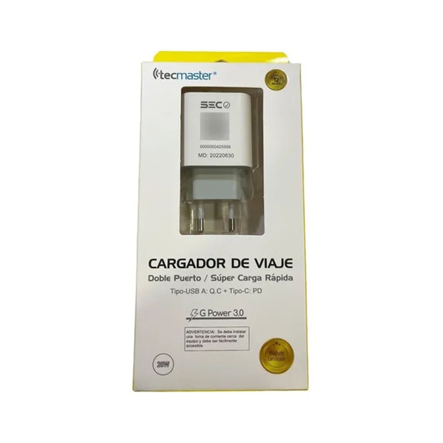 Cargador Dual Usb Tipo C y Tipo A 20w Carga Super Rápida
