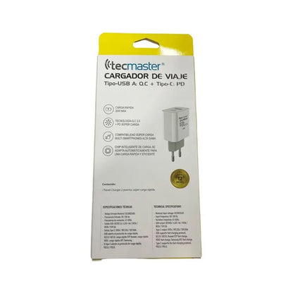 Cargador Dual Usb Tipo C y Tipo A 20w Carga Super Rápida