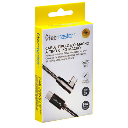 Cable Tipo-C a Tipo-C 2.0 60w Conector 90 Grados TM-200544